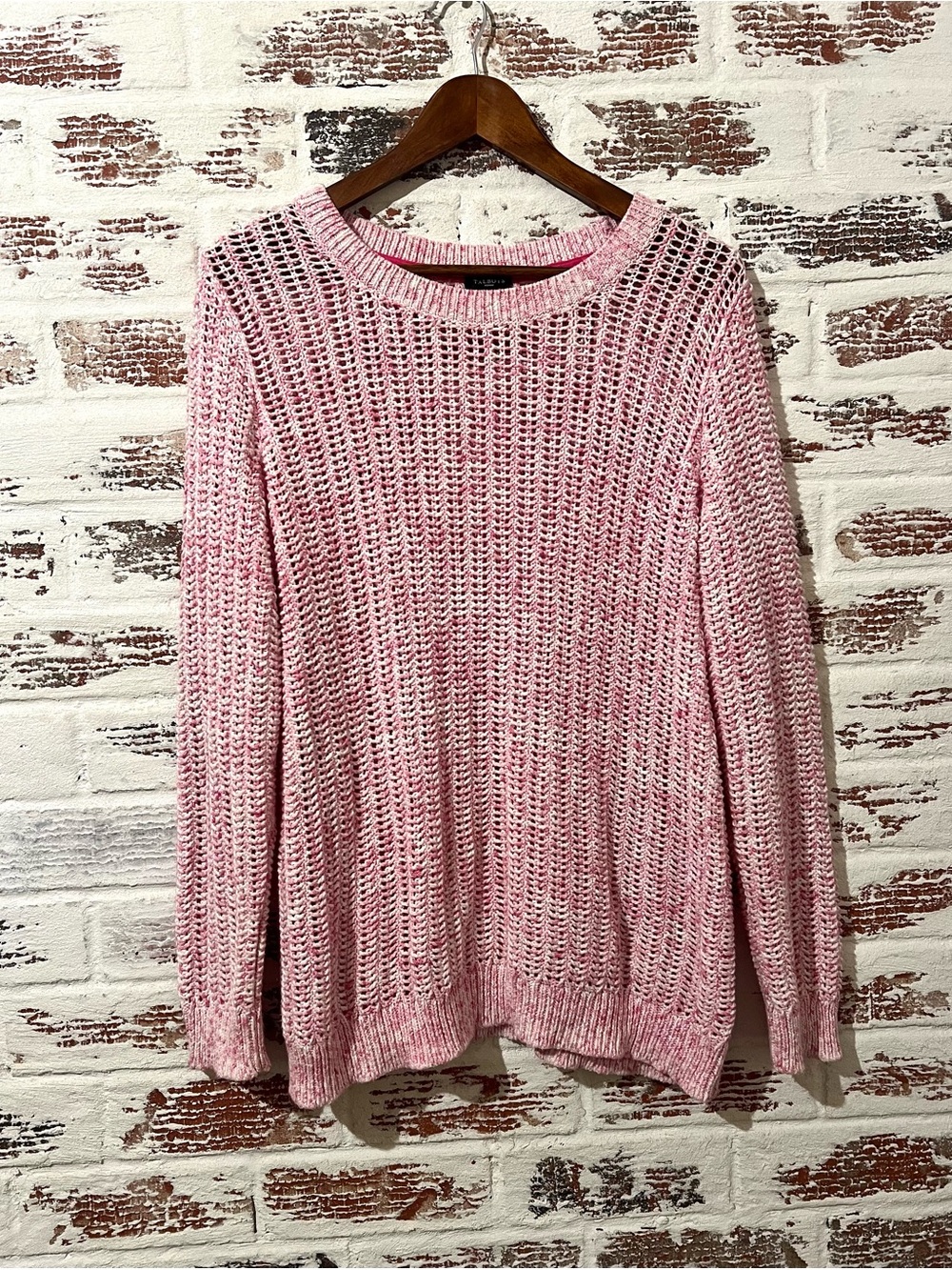 Talbots Woman Sweater Pink Marl Openwork Knit Cotton Crewneck 1X Fits Like XL